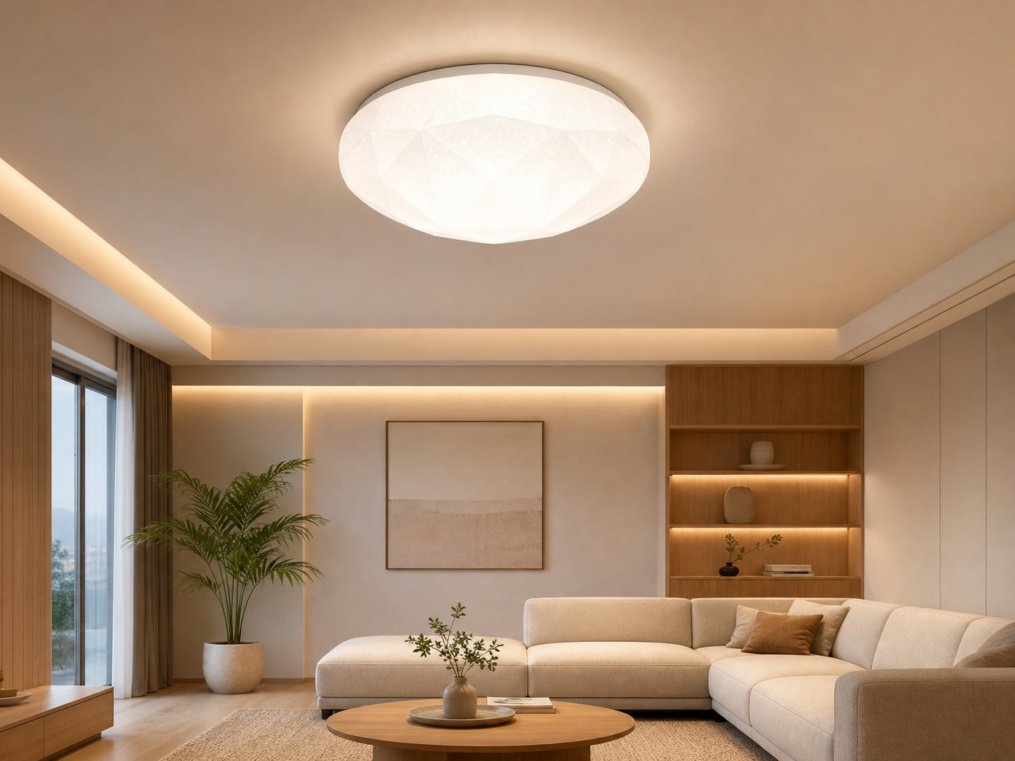 Modern living room illuminated by a round LED ceiling light